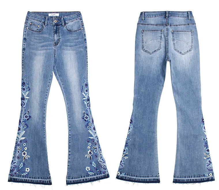 Women’s Wide Leg Jeans | Winter Flared with Floral Accents