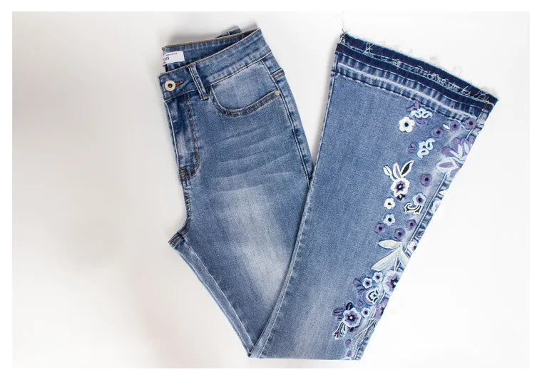 Women’s Wide Leg Jeans | Winter Flared with Floral Accents
