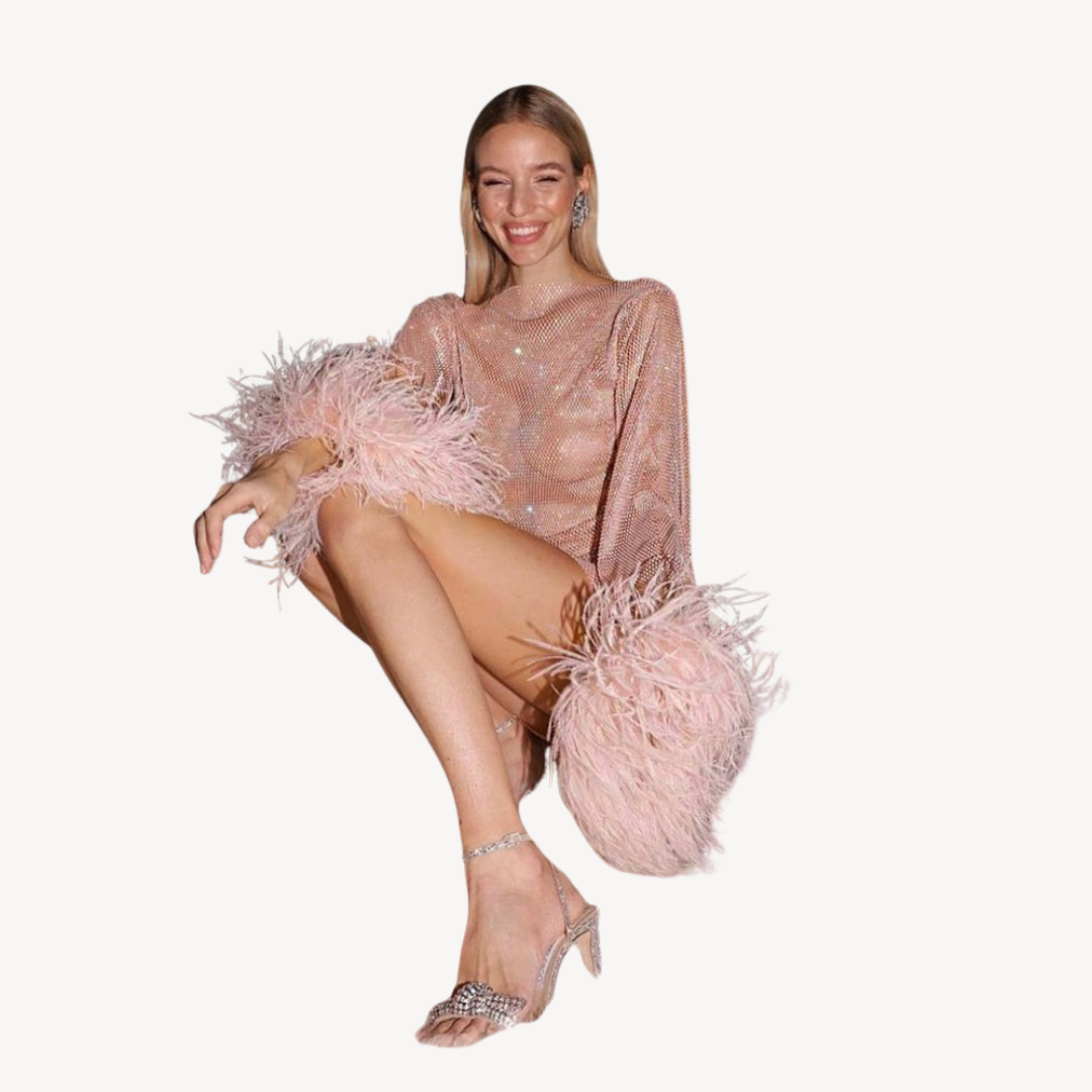 Women’s Feather Detail Evening Dress | Sequined Mesh Design