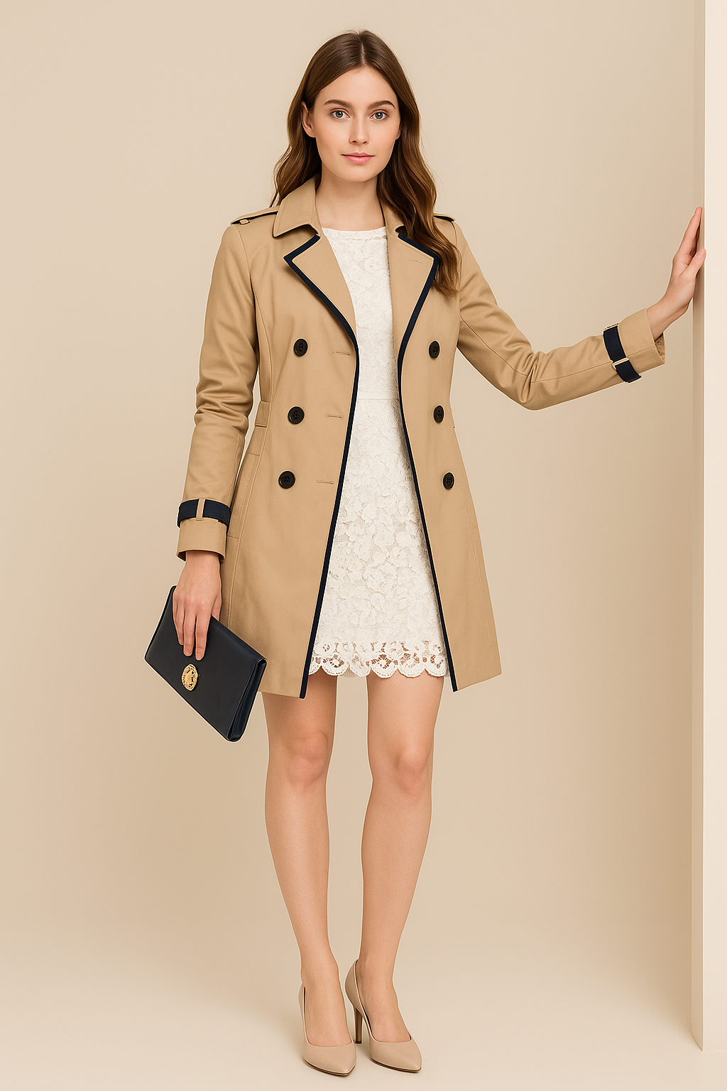 Women’s Contrast-Trim Trench Coat | Double-Breasted Style