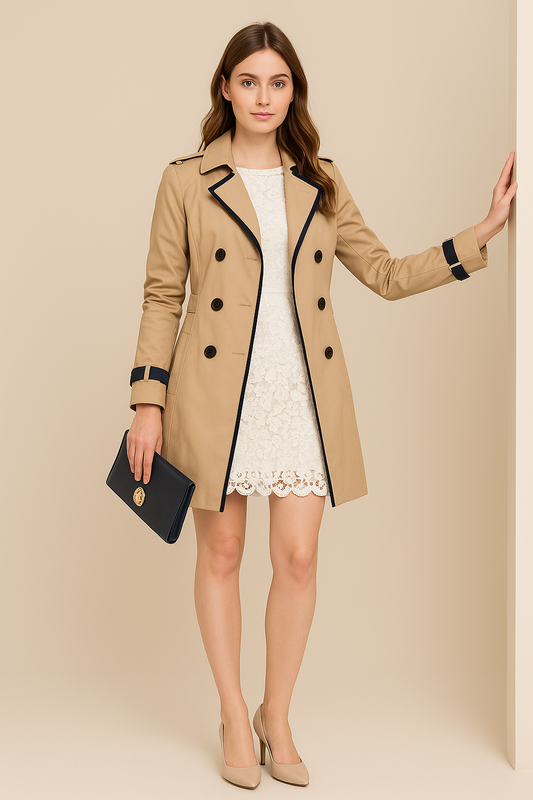 Women’s Contrast-Trim Trench Coat | Double-Breasted Style
